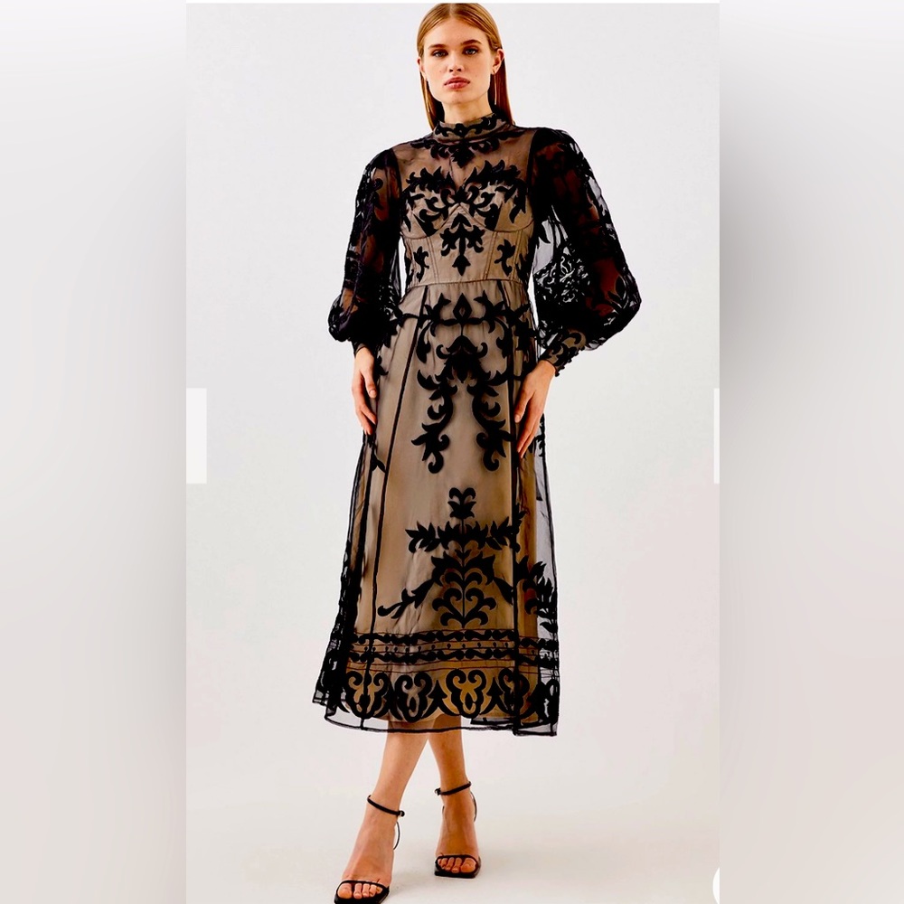 Karen Millen Black and Beige Long Sleeve Dress